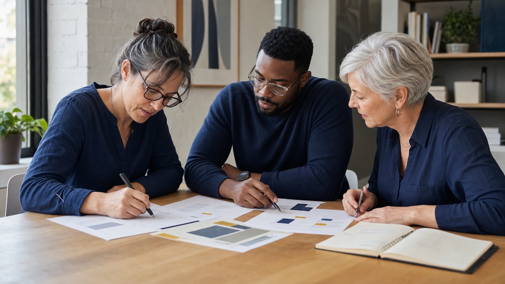 Three learning professionals reviewing a printed course-design draft together