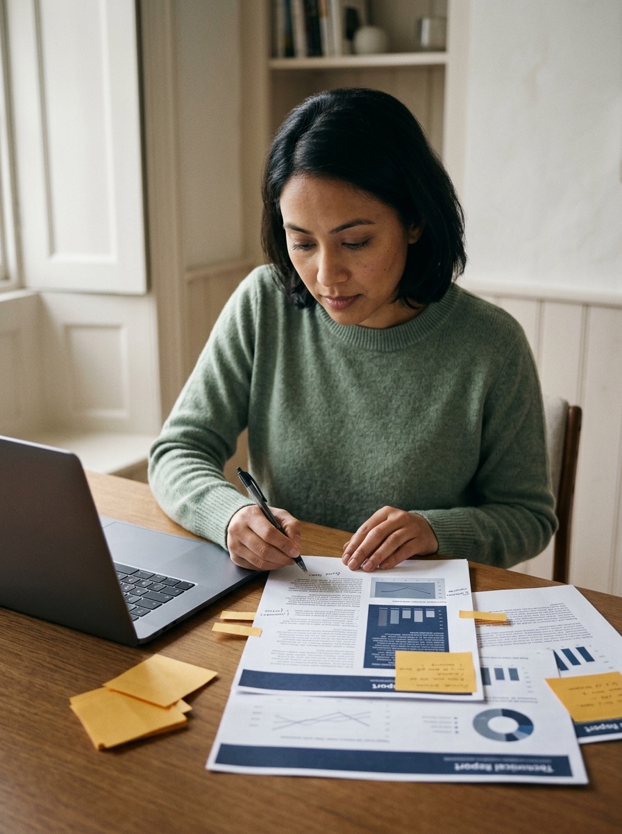 A person marking corrections on a printed document with a pen.