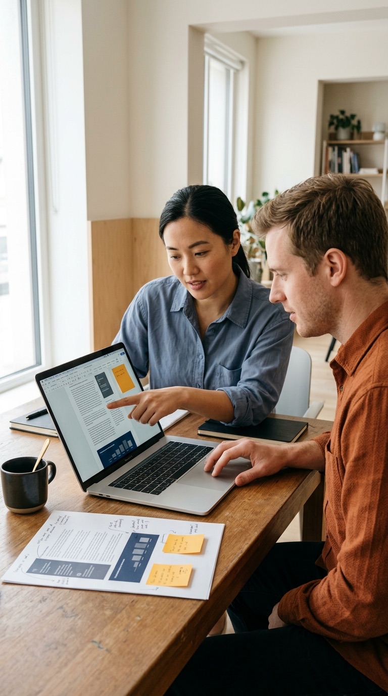 Two colleagues at a desk reading the same document on a laptop screen together.