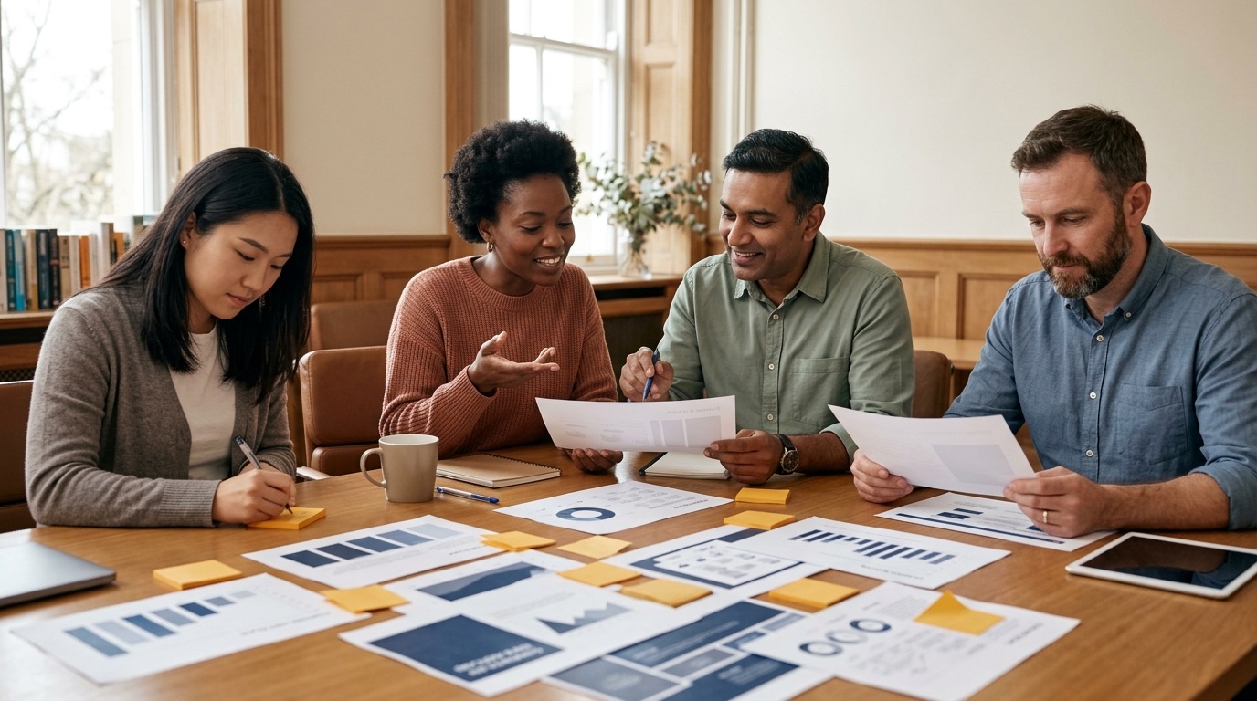 Four colleagues around a table with printed course plans spread out between them.