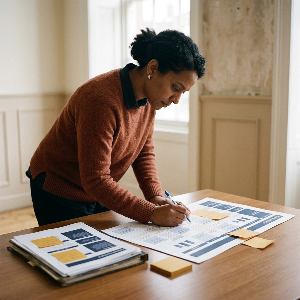 A person marking a change on a printed course outline laid out on a table.