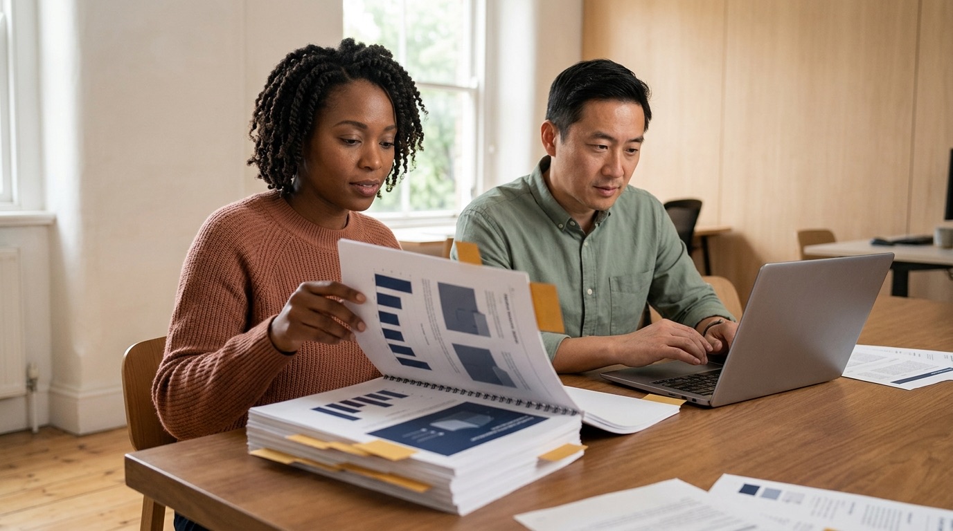 Two colleagues at a table with a stack of printed reference documents and a laptop.