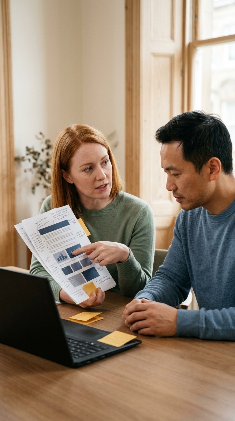 A woman showing a colleague a printed document marked with handwritten comments.