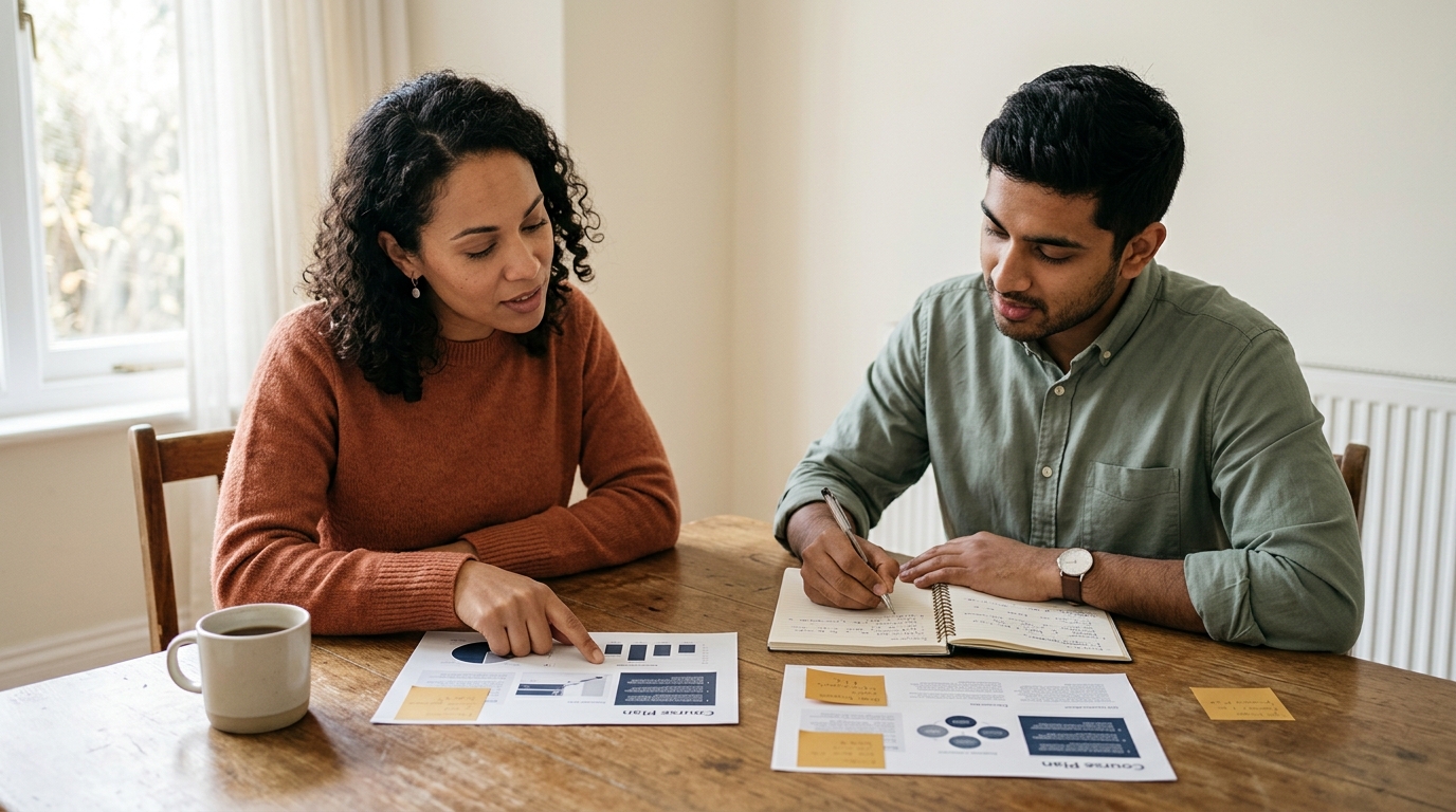Two colleagues sitting at a table comparing two printed course plans.