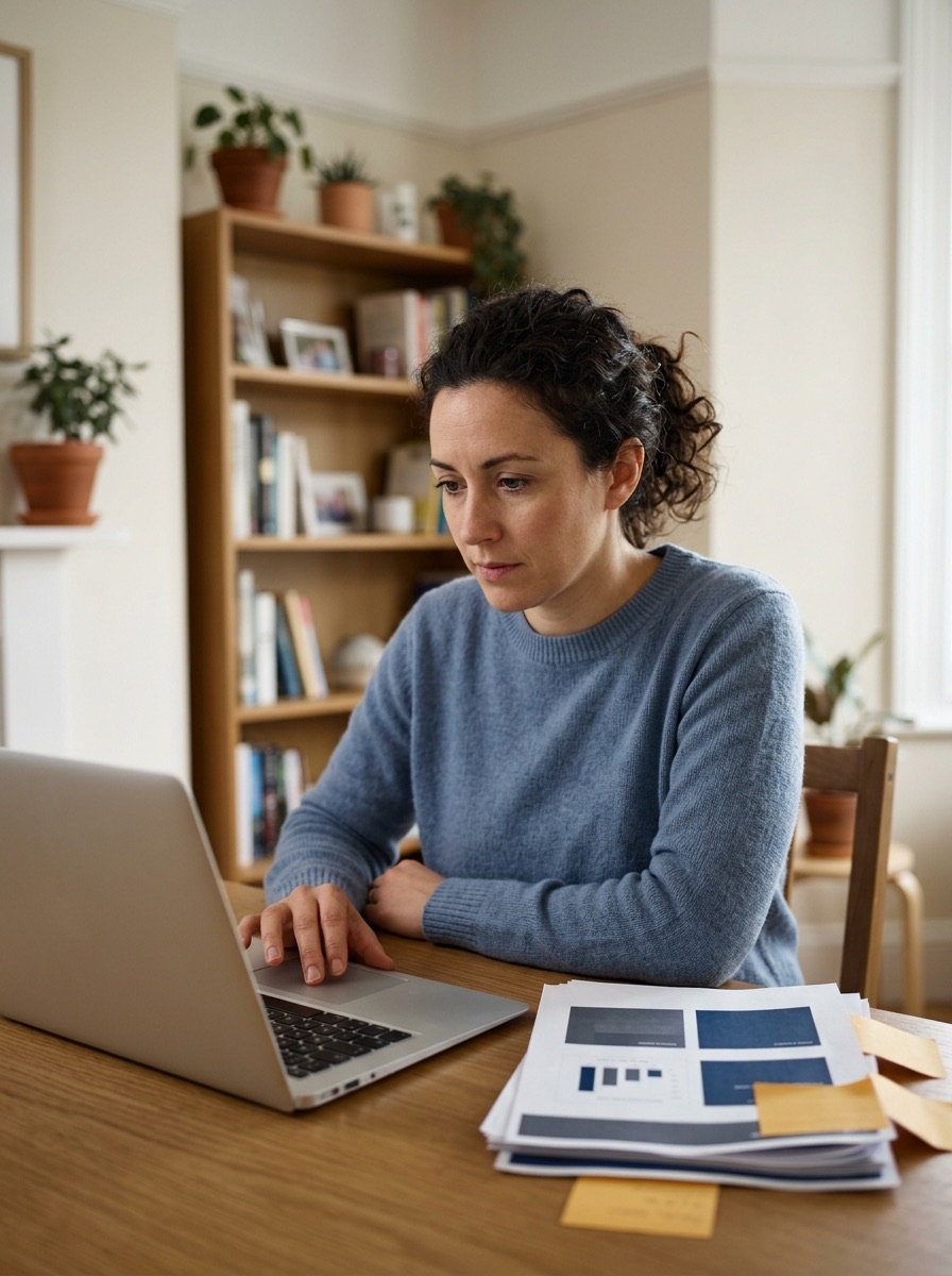 A person working alone at a home office desk with a laptop and printed pages.