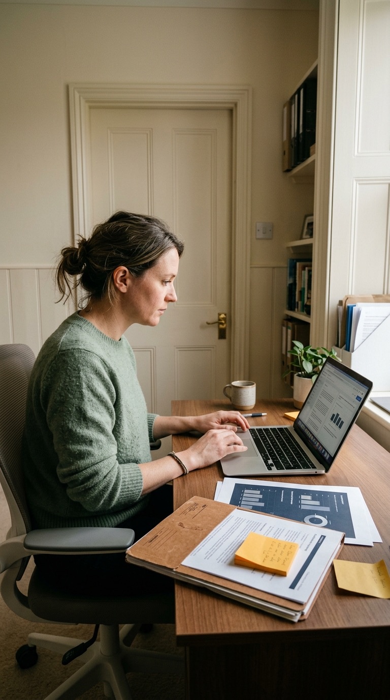 A person working alone on a laptop in a small private office.