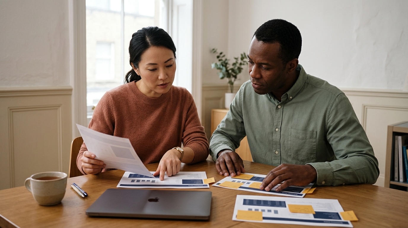 Two colleagues at a table reading through a printed document together.